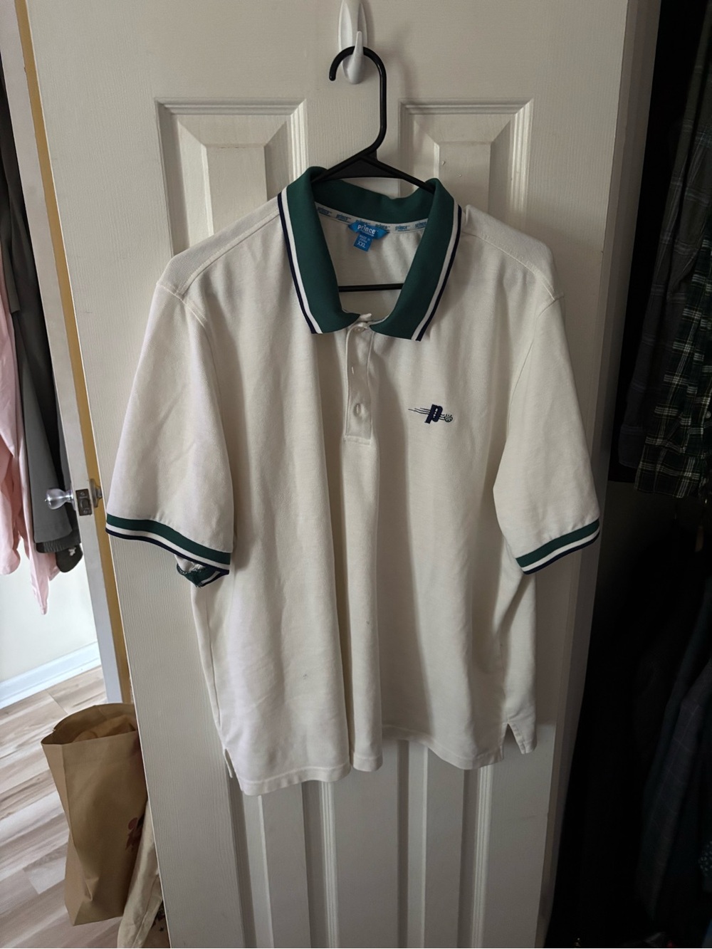 Men's vintage Prince tennis White Polo Shirt with Green Trim 1989! Deadstock!
